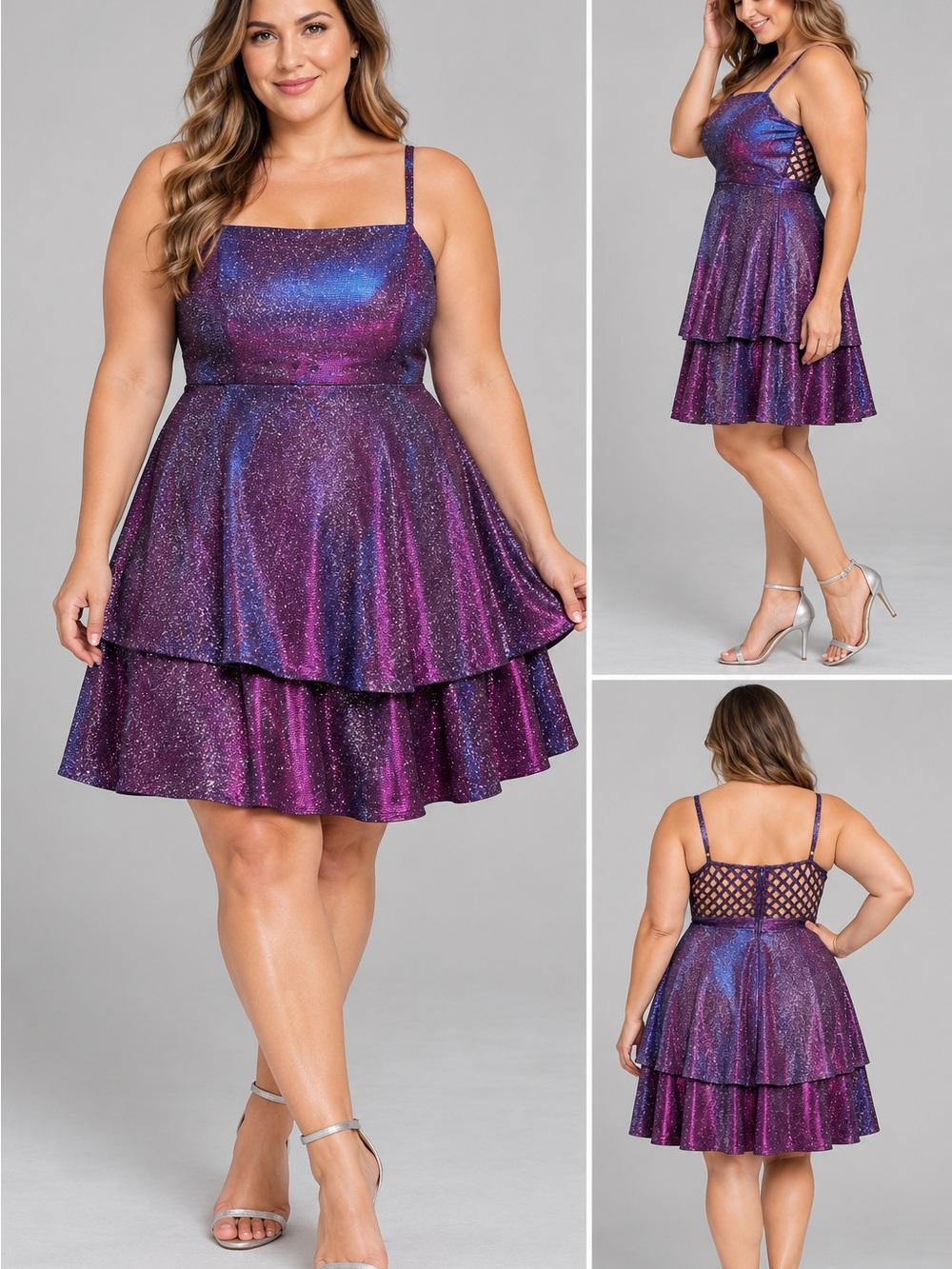 City Vibe 14W Purple Glitter Tiered Party Dress Lattice Back